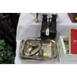 Silver plated cruet and a 19 th century pair of binoculars etc