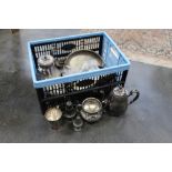 Box of plated ware, teapots, mugs,