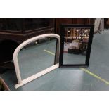 A black framed rectangular mirror and a cream crackle effect overmantle mirror
