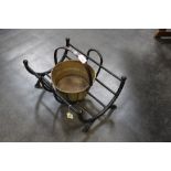 Brass jam pan and wrought iron log holder