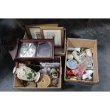 Three boxes of glassware, pictures, vases, cutlery,