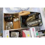 Two boxes of pocket watches, scales, shoe stretchers,