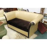 A gold crocodile skin effect two seater settee, with brown velvet cushion seat.