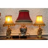 Pair of figural table lamps and shades and a table lamp and shade in form of ginger jar with
