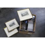 Box of glassware and crystal and three 19th century prints in Hogarth frames