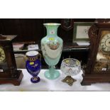 Two Victorian painted glass vases and a glass bowl raised on a pedestal foot