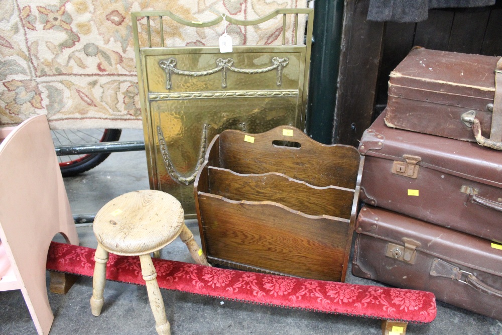 Brass fire screen, small stool,