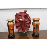 Pair of oriental style Masons vases on wood stands and an Art Deco style figure.