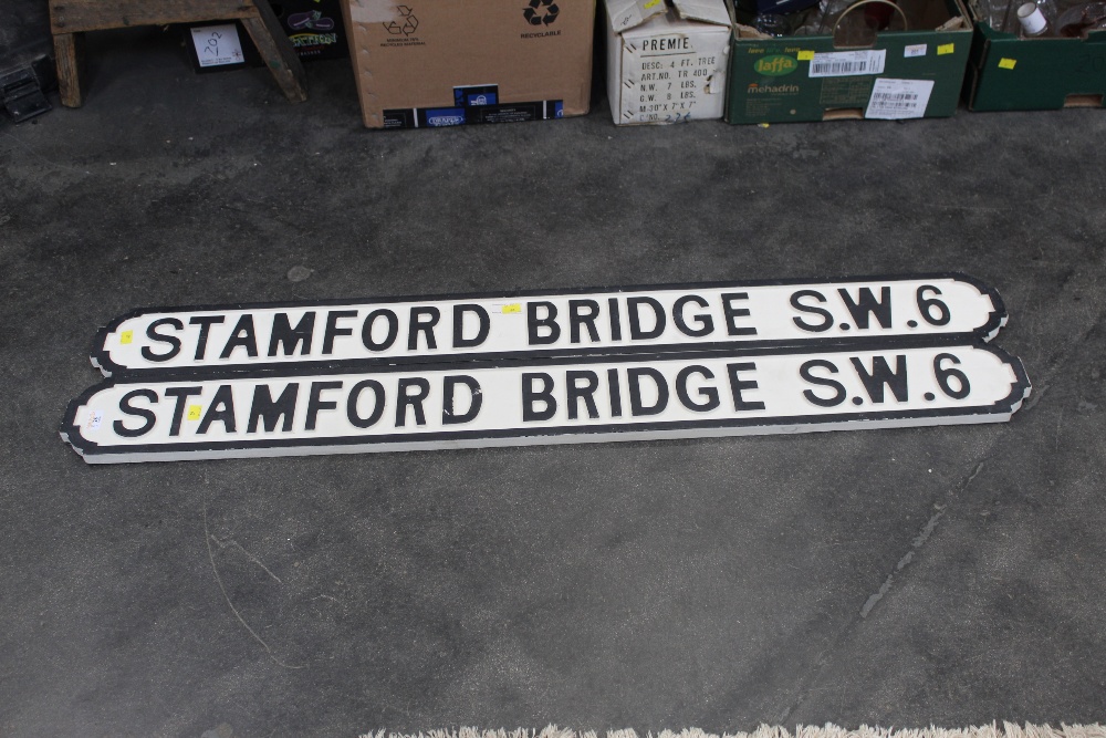 Two wooden imitation street signs, Stamford Bridge SW6, 130 cm long.