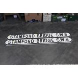 Two wooden imitation street signs, Stamford Bridge SW6, 130 cm long.