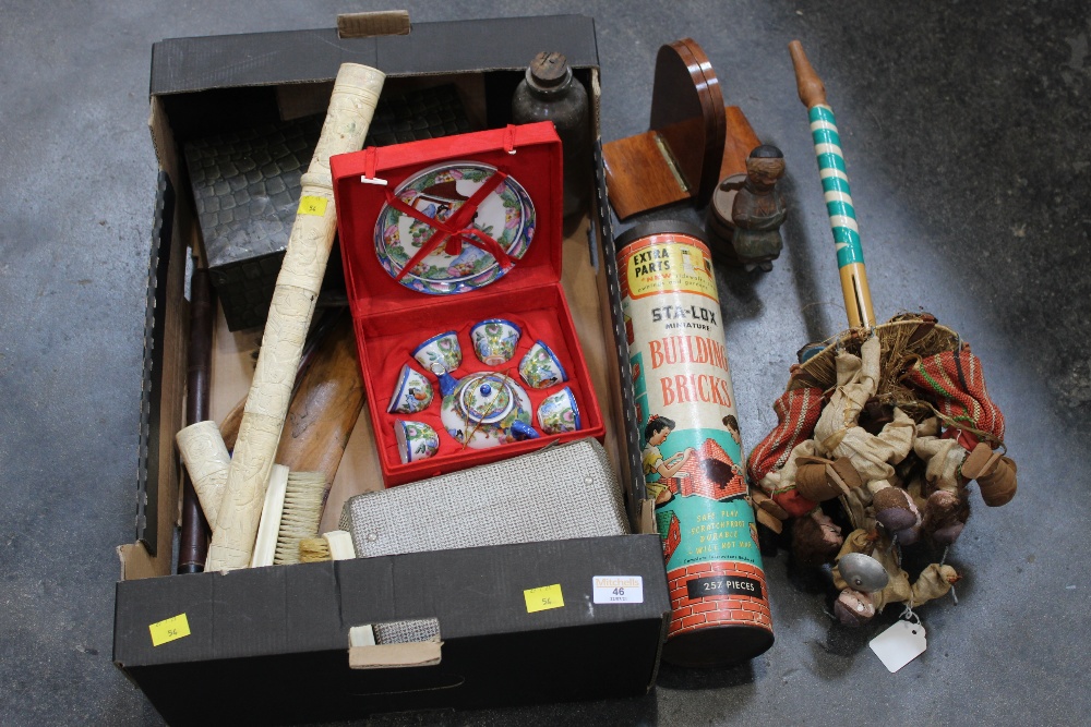 Box of ivory scabbard, brushes, vintage tin, games,