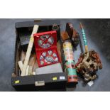 Box of ivory scabbard, brushes, vintage tin, games,