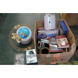 Box of kitchenware, books, DVD's, vases etc.