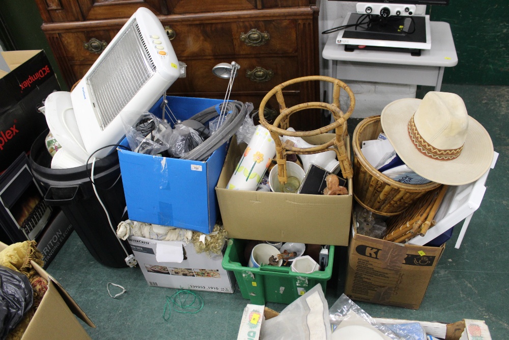 Bin and five boxes of oscillating electric heaters, vases, electrical cables, hat, vases, lights,