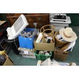 Bin and five boxes of oscillating electric heaters, vases, electrical cables, hat, vases, lights,