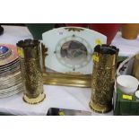 Pair of World War 1 Trench Art vases and an early 20th century clock with brass base