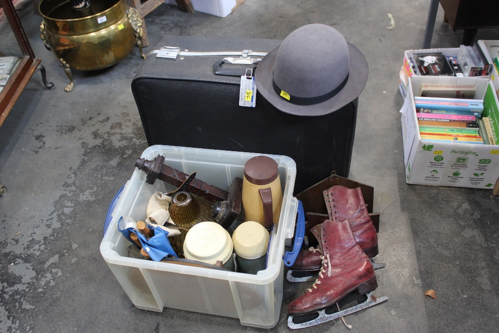 Suitcase, tub of flasks, lamp shade, skates,