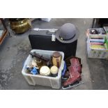 Suitcase, tub of flasks, lamp shade, skates,