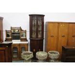 Edwardian mahogany inlaid freestanding corner cupboard with 13 panelled glazed doors to the upper