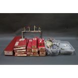 A box of Hornby Dublo 00 gauge track sections and accessories,