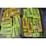 A group of 70 plus boxes of Marklin HO scale track sections and buffer stops,