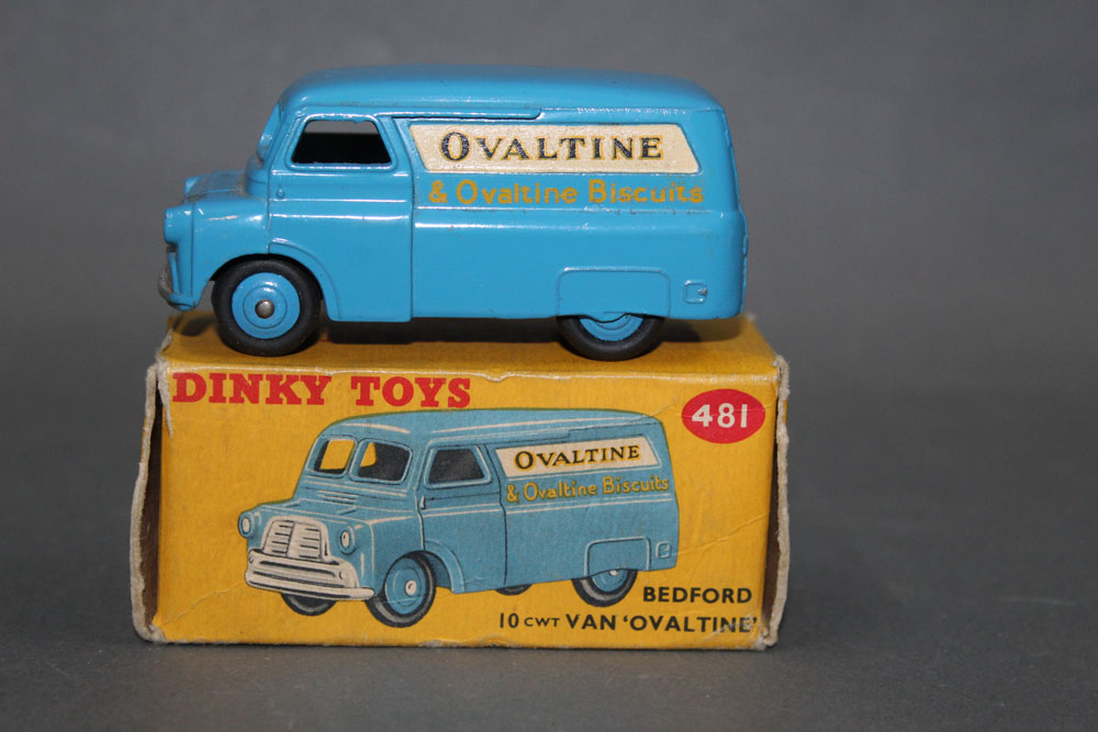 A Dinky Bedford van (481), having a blue body with "Ovaltine",