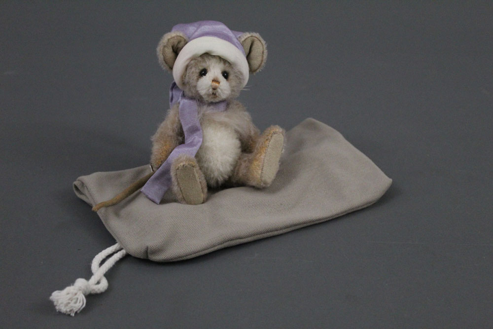 A soft plush Charlie Bears "Minimo Collection" teddy bear, named "Sugar Mouse", 18 cm tall.