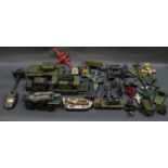 A box of plastic and diecast model military and other vehicles,