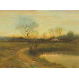 J. Dewhurst (19th century), oil painting, country pond view with church steeple to horizon.