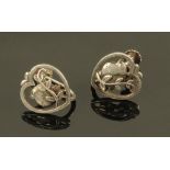 A pair of Georg Jensen silver screw back earrings of heart and bird design, model No. 103.