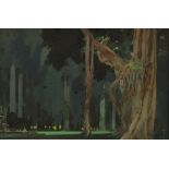 Fred Taylor (1875-1963), gouache watercolour, "Night Trees and a Fountain".