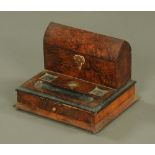 A Victorian figured walnut combined stationery box and ink stand, fitted single drawer.
