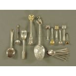 A set of six silver coffee spoons, a Dutch spoon and other silver salt and condiment spoons various.