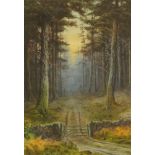 Edward Horace Thompson (1879-1949), a watercolour, woodland path and five bar gate. 33.