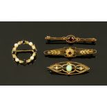A 9 ct gold pearl and sapphire circular brooch, and three other gold coloured metal bar brooches,