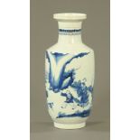 A Chinese Qing blue and white porcelain Rouleau vase, decorated with figures and leafage.