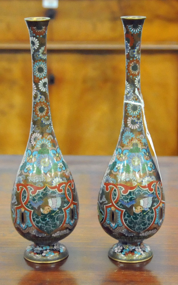A pair of late 19th/early 20th century Chinese Qing dynasty baluster shaped cloisonne vases, - Image 2 of 5