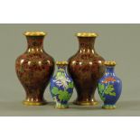 Two pairs of Chinese cloisonne vases. Tallest 21 cm.