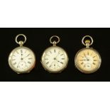 Two silver cased gentleman's pocket watches and another with nickel case similar.