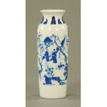 A Chinese blue and white porcelain cylindrical vase of transitional style, decorated with figures,