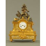 A 19th century French gilt bronze mounted clock, Cupid with bow and arrow with birds,