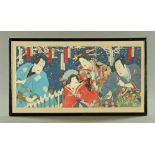 Toyohara Kunichika (1835-1900), coloured wood block oban triptych print, a Japanese Kabuki play,