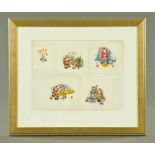 Five small illustrations for "The Clangers", mounted as one in gilt frame and glazed.