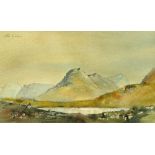 Ron Green, watercolour, mountainous lake scene. 27 x 47 cm, signed in silvered frame and glazed.