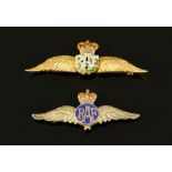 A 9 ct gold and enamelled diamond set RAF brooch, and another similar in silver.
