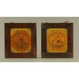 A pair of early 19th century rosewood framed panels, each with print depicting agriculture.