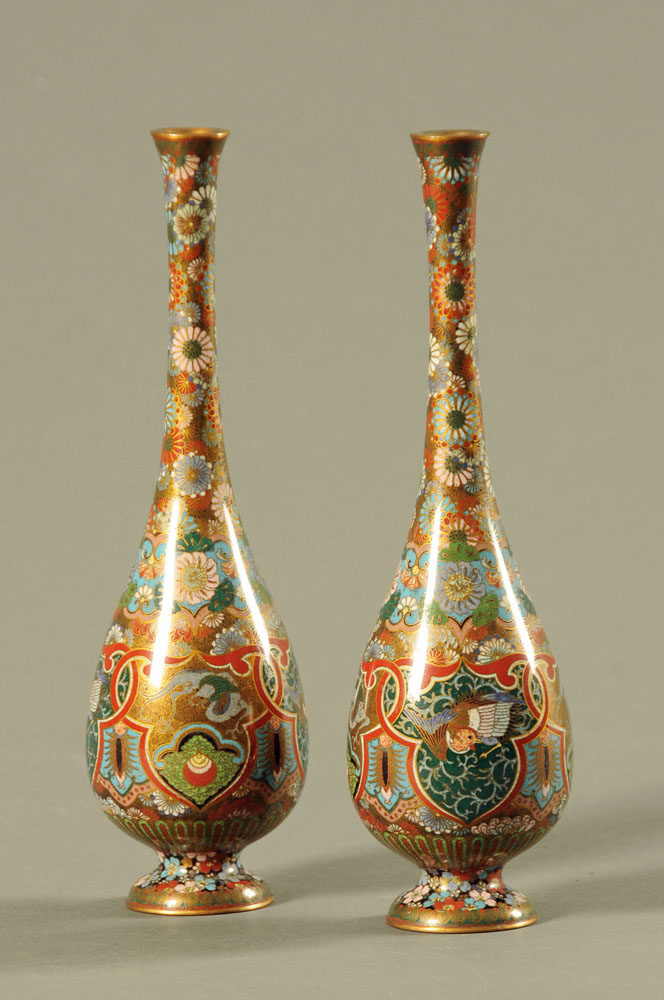A pair of late 19th/early 20th century Chinese Qing dynasty baluster shaped cloisonne vases,