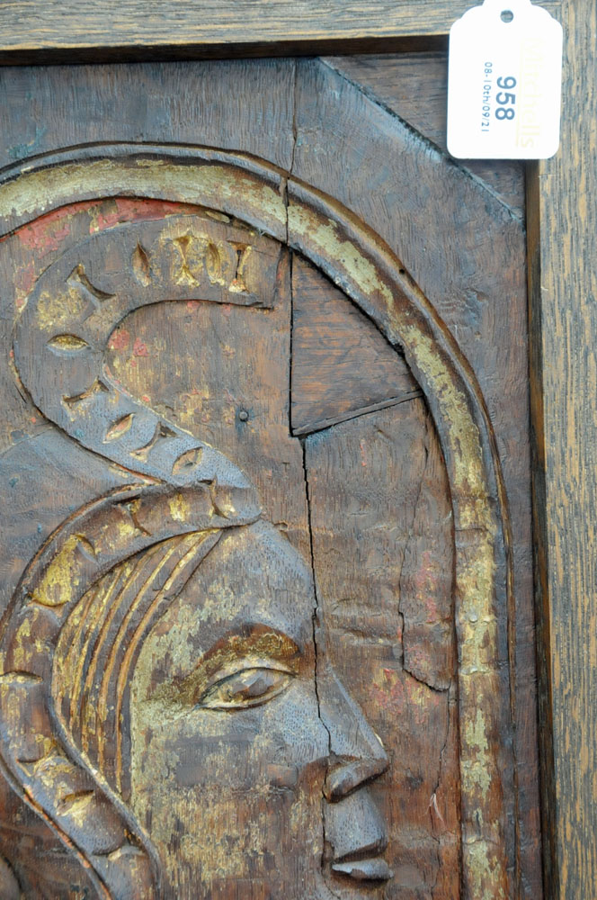 A Medieval oak pew end panel, - Image 3 of 8