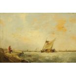 19th Century School, oil painting, fishing boat in stormy seas with mother and child to coast.