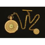A gold plated half hunter pocket watch, with chain by Waltham, knob wind.